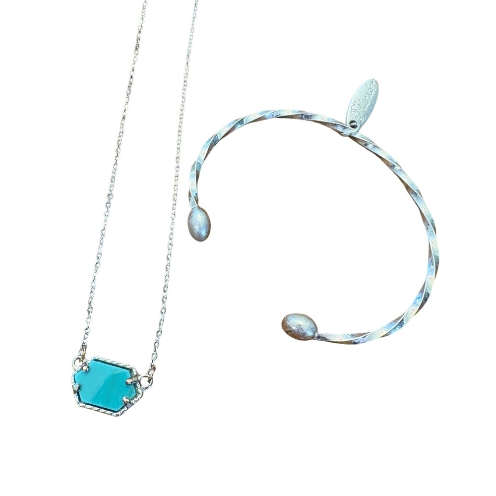 Silver Tone Necklace & Cuff Bracelet Set‎ Turquoise Color Stone Jewelry